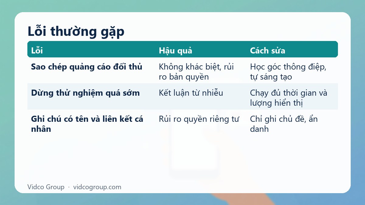 Bảng tóm tắt: Lỗi thường gặp