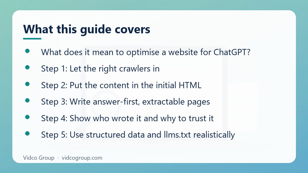 What this guide covers: Optimise Website for ChatGPT
