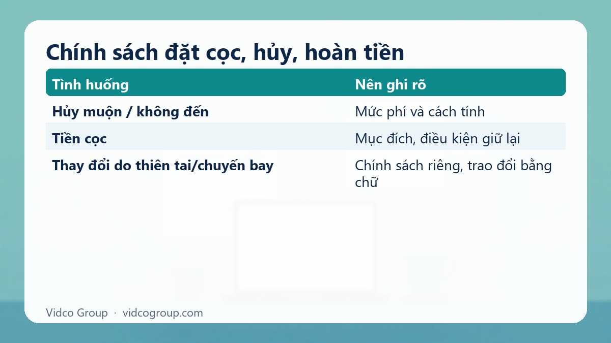 Bảng tóm tắt: Chính sách đặt cọc, hủy, hoàn tiền