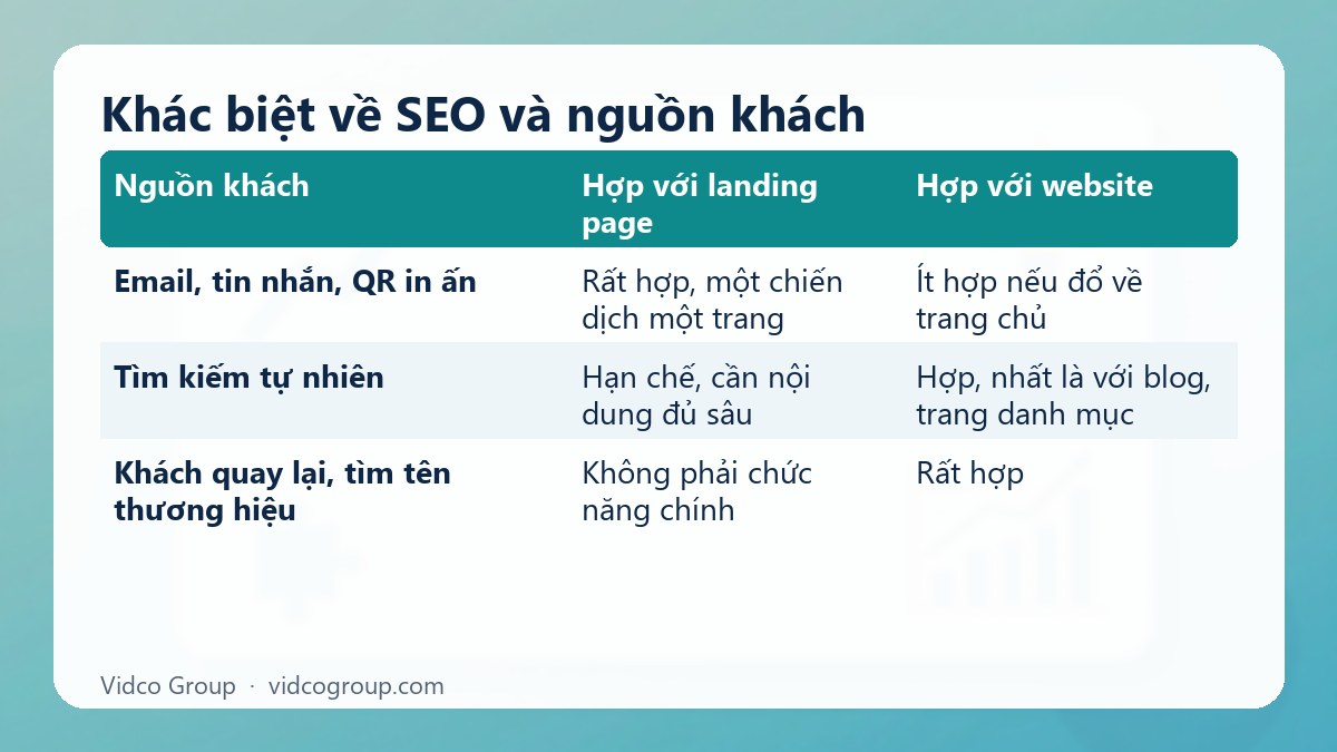Bảng tóm tắt: Khác biệt về SEO và nguồn khách