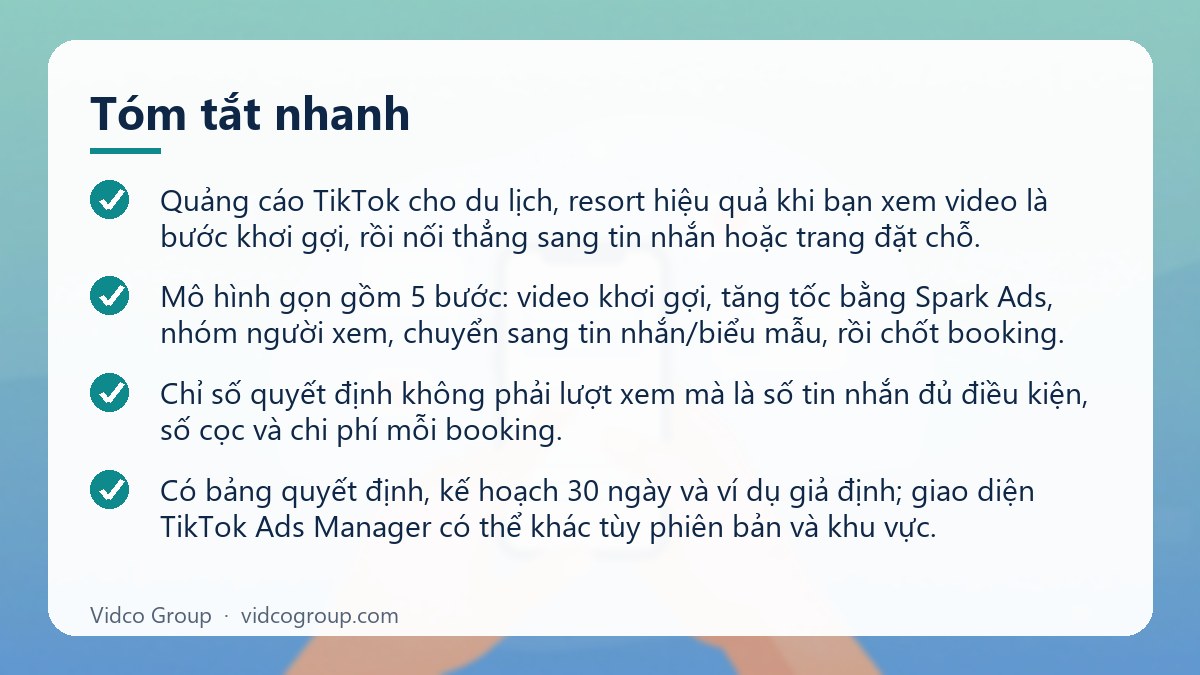Tóm tắt nhanh: Quảng cáo TikTok du lịch, resort