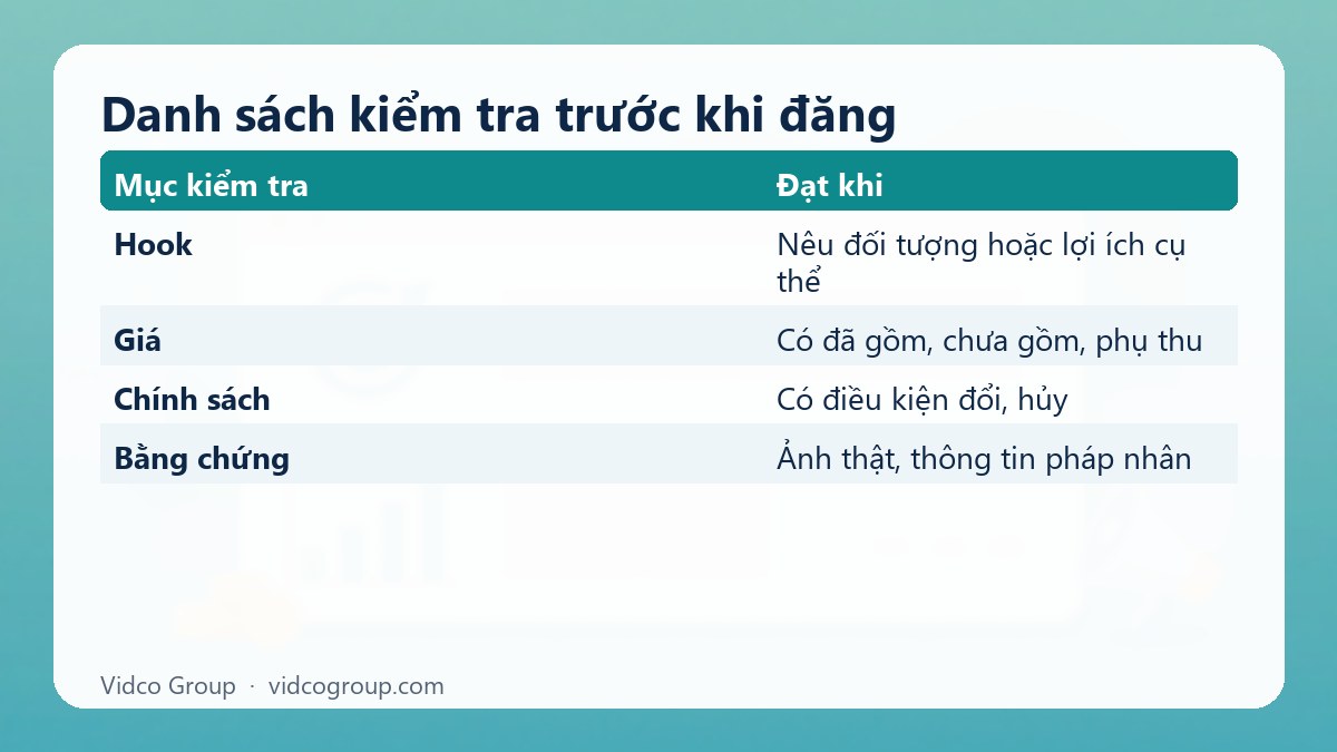 Bảng tóm tắt: Danh sách kiểm tra trước khi đăng