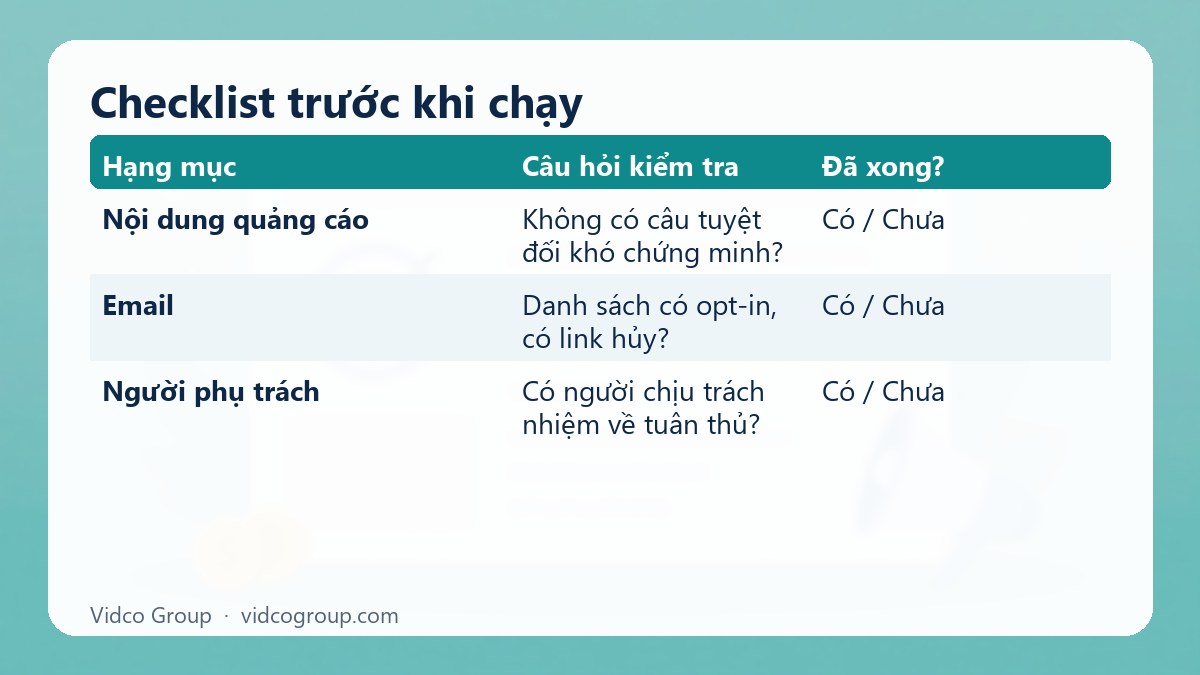 Bảng tóm tắt: Checklist trước khi chạy