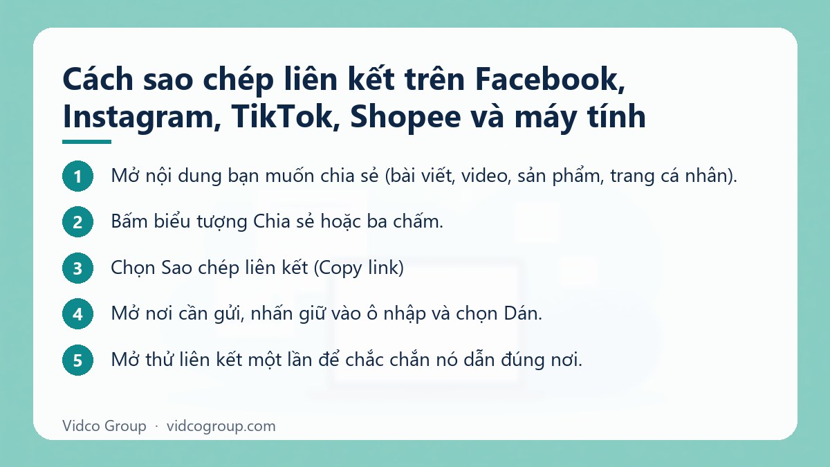 Các bước: Cách sao chép liên kết trên Facebook, Instagram, TikTok, Shopee và máy tính
