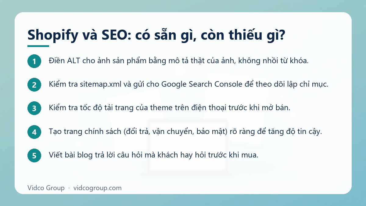 Các bước: Shopify và SEO: có sẵn gì, còn thiếu gì?