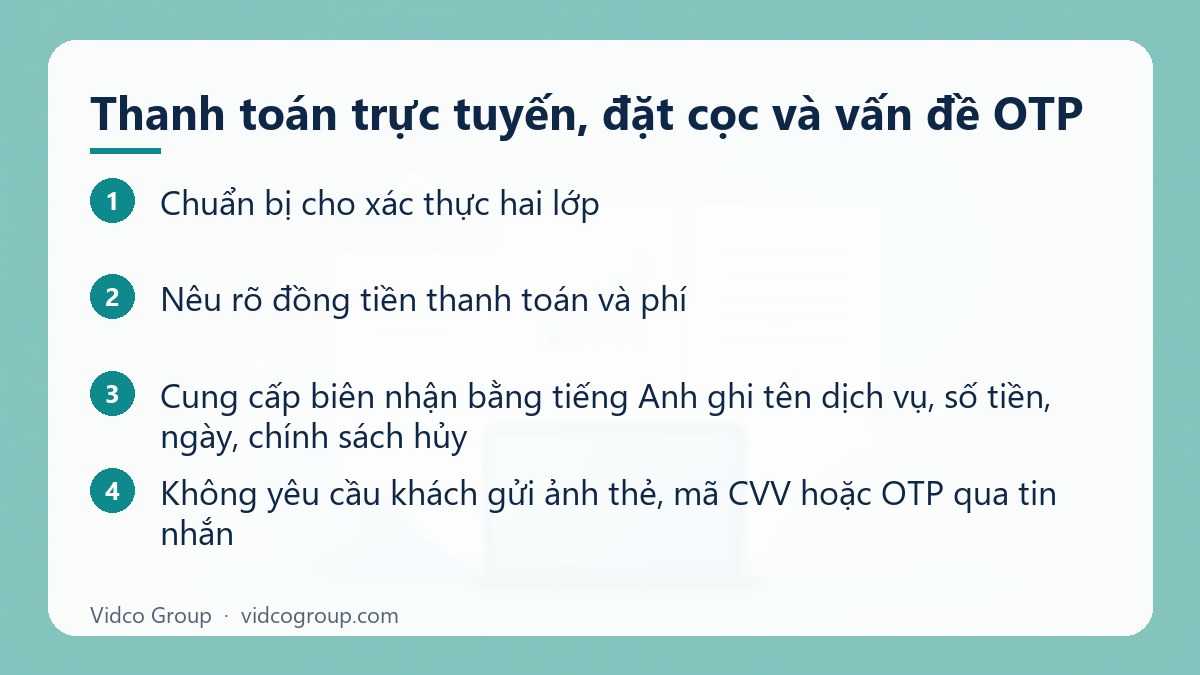 Các bước: Thanh toán trực tuyến, đặt cọc và vấn đề OTP