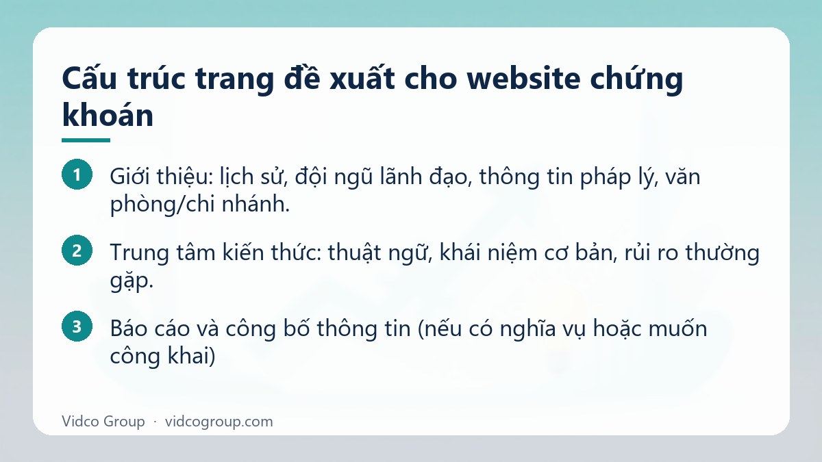 Các bước: Cấu trúc trang đề xuất cho website chứng khoán