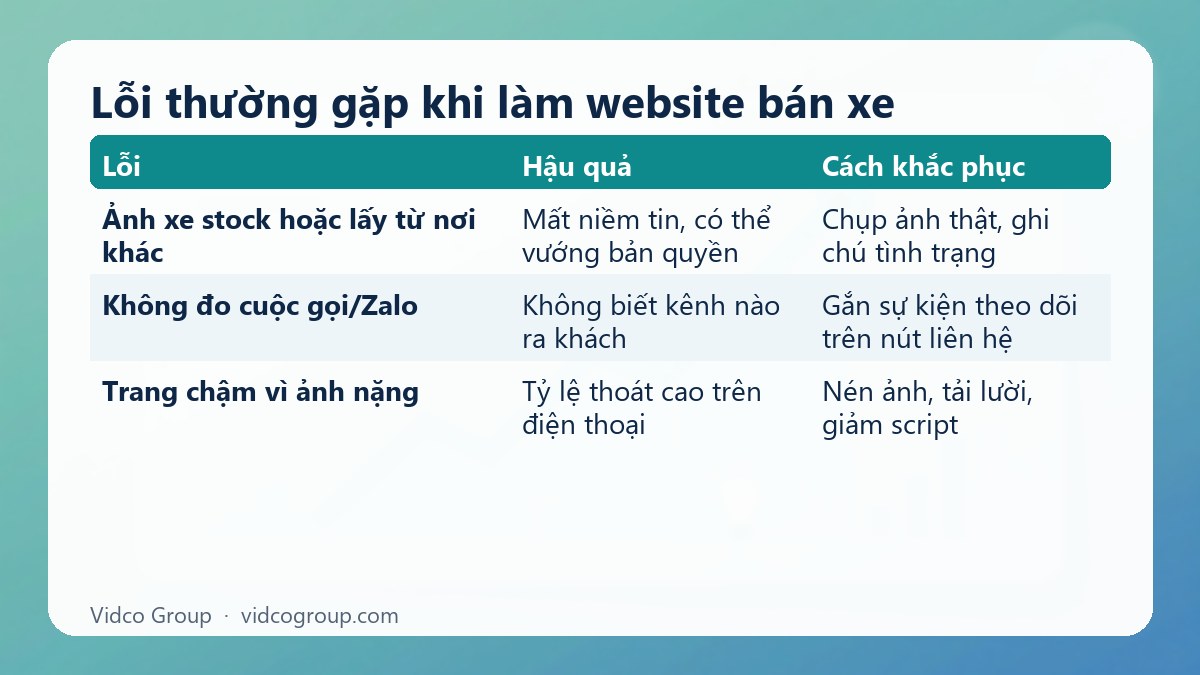 Bảng tóm tắt: Lỗi thường gặp khi làm website bán xe