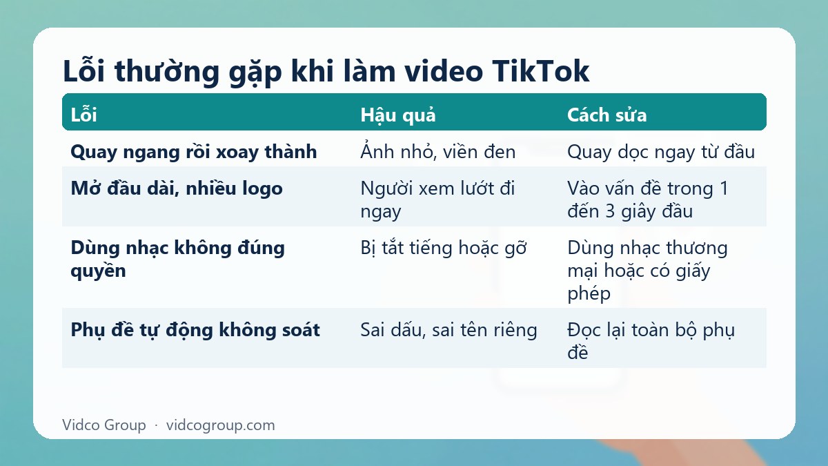 Bảng tóm tắt: Lỗi thường gặp khi làm video TikTok