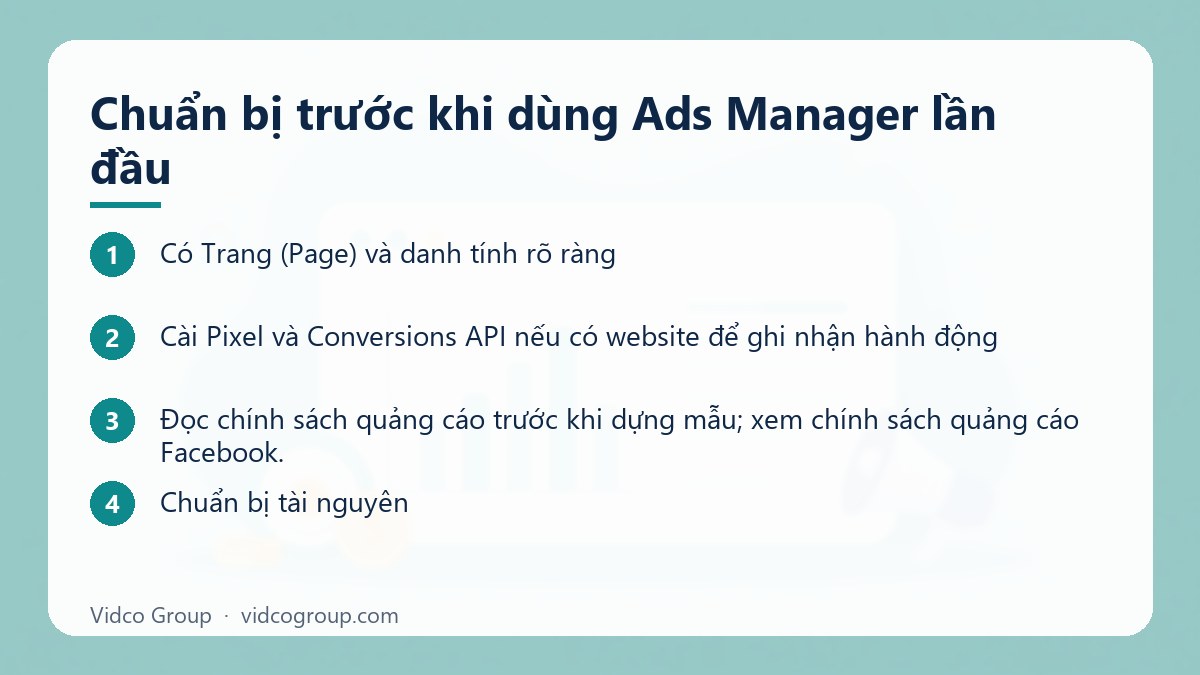 Các bước: Chuẩn bị trước khi dùng Ads Manager lần đầu
