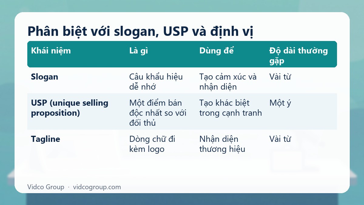 Bảng tóm tắt: Phân biệt với slogan, USP và định vị