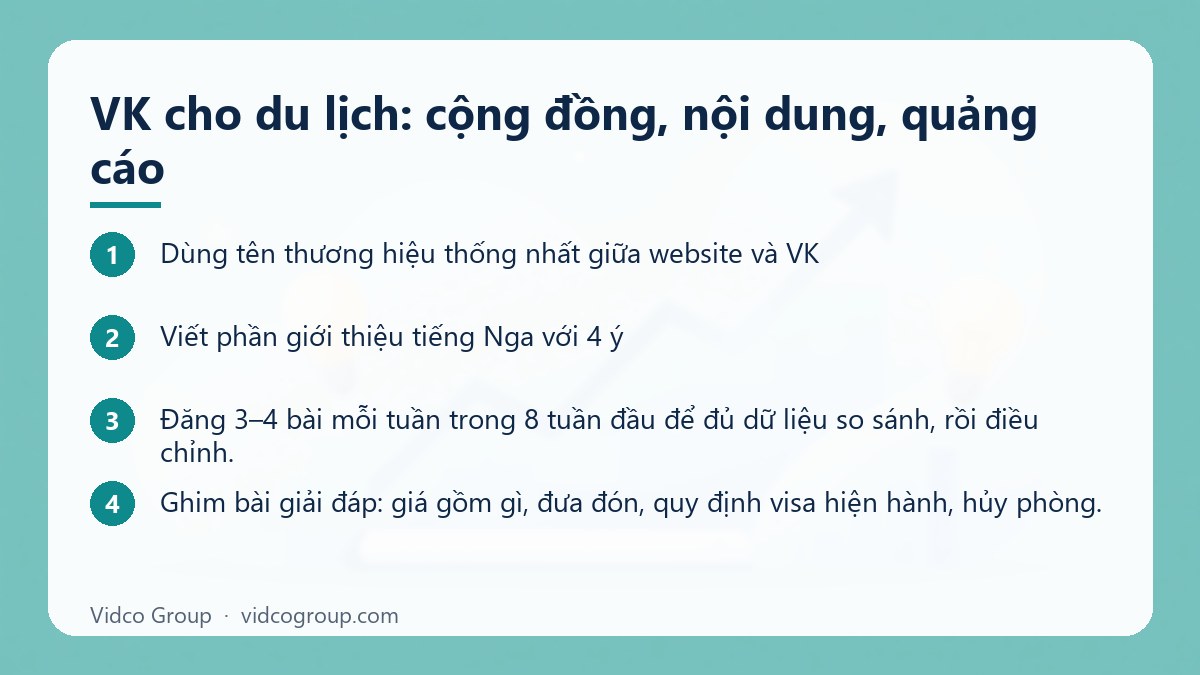 Các bước: VK cho du lịch: cộng đồng, nội dung, quảng cáo
