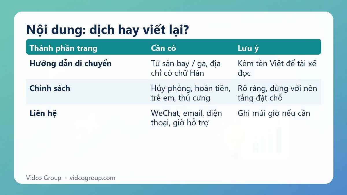 Bảng tóm tắt: Nội dung: dịch hay viết lại?