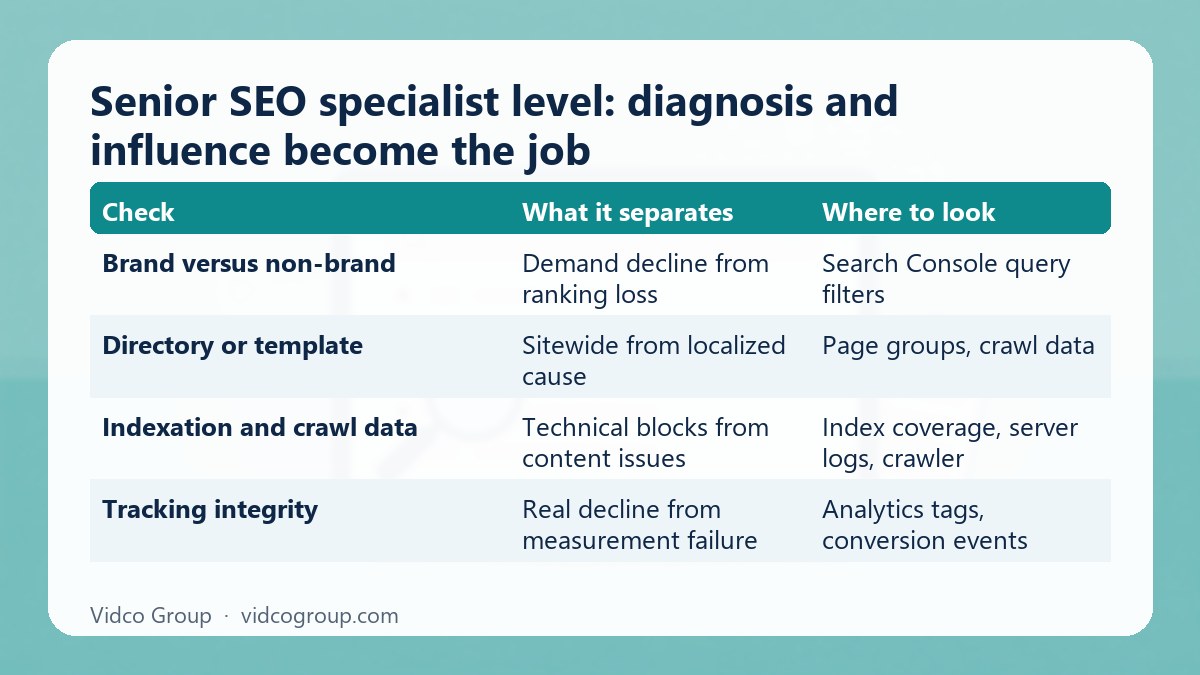 Summary table: Senior SEO specialist level: diagnosis and influence become the job