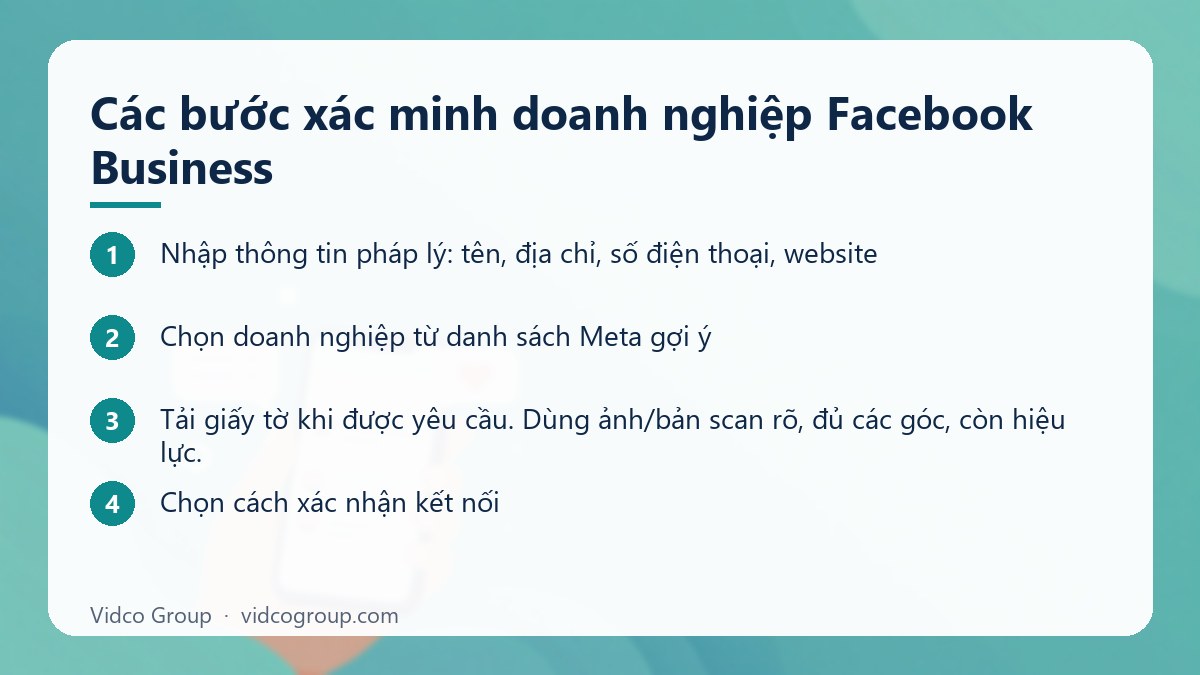 Các bước: Các bước xác minh doanh nghiệp Facebook Business